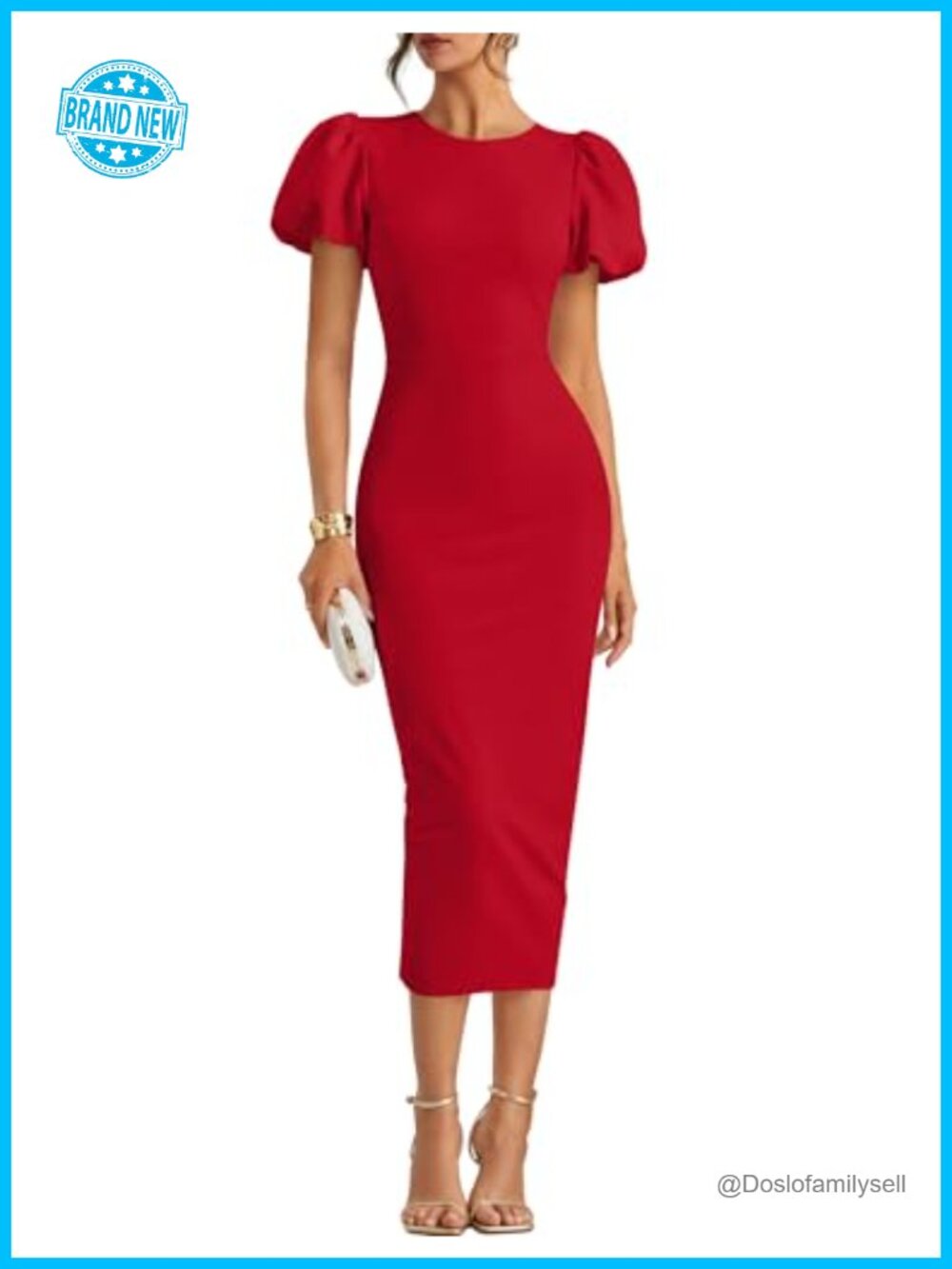 Bodycon Midi Dress Short Sleeve Crew Neck Back Zipper Formal Cocktail
